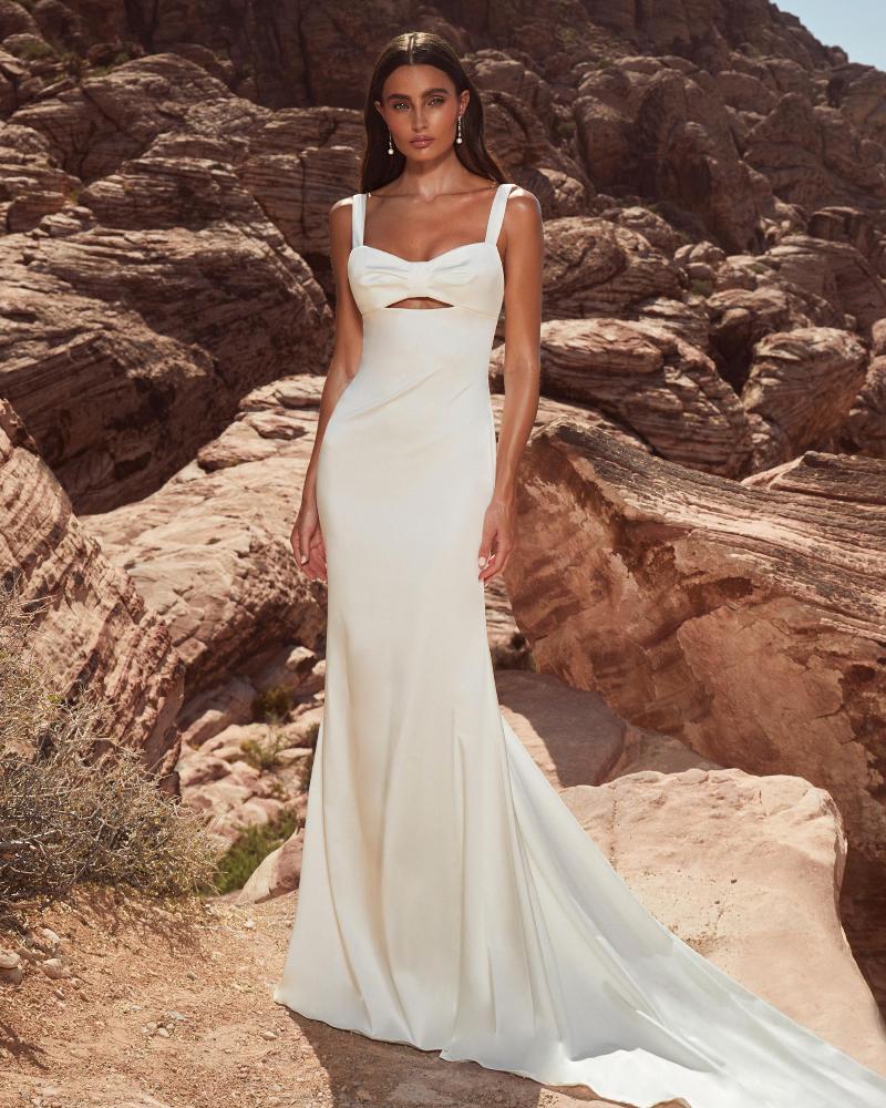 Lp2404 modern minimalist wedding dress with straps and sheath silhouette3
